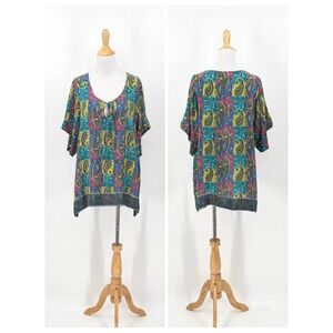 TOLANI Silk Tunic Top Women XS Paisley Silk Boho V-Neck Short Sleeve Blouse